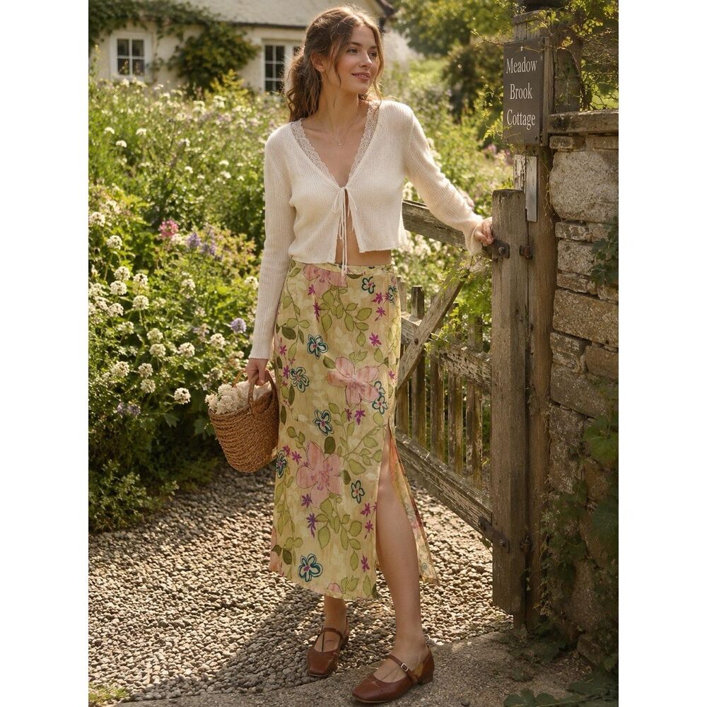 Vtg Y2K 90s Floral Maxi Skirt 6 Feminine Coquette Cottage Fairy Romantic Flowy